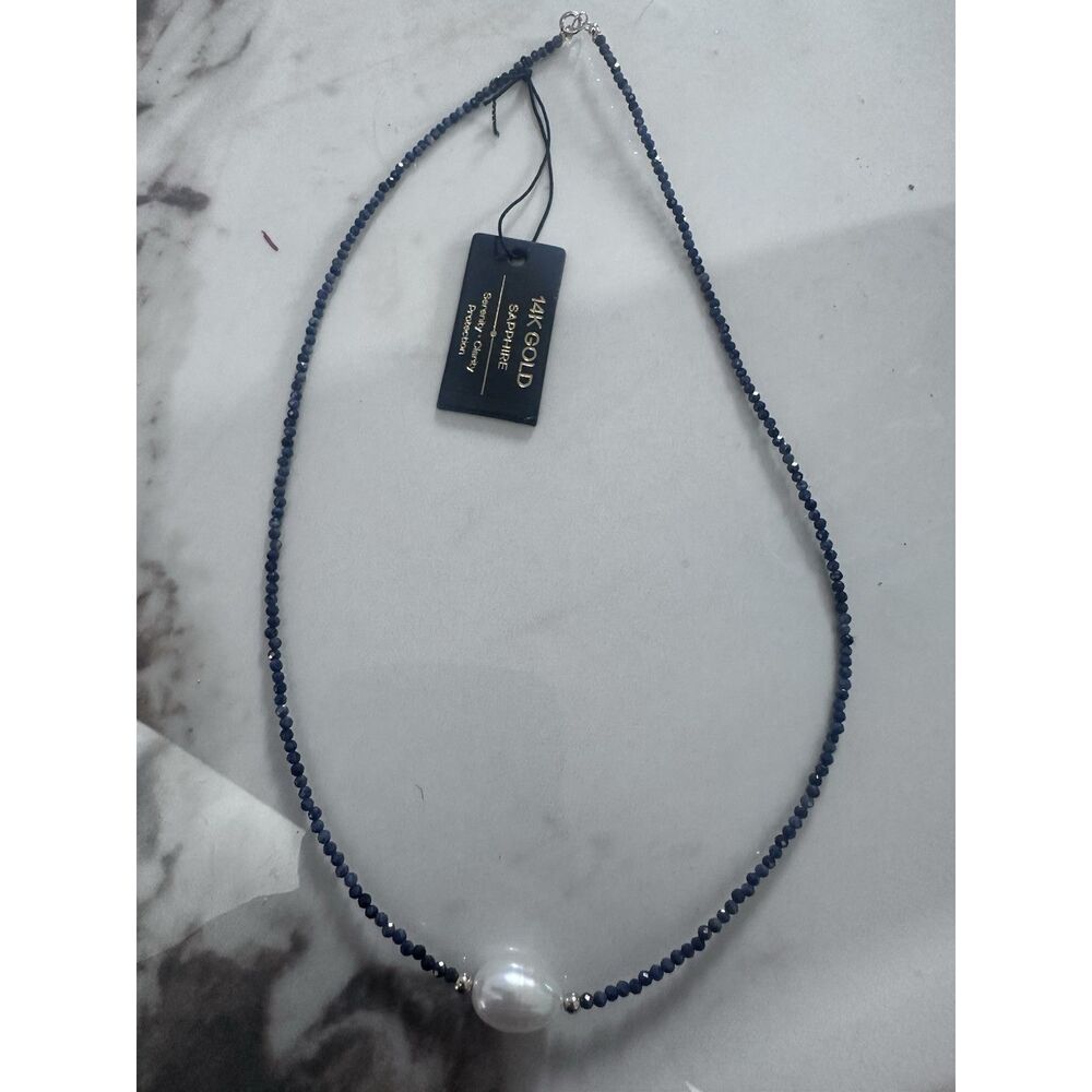 14K Solid Yellow Gold Sapphire & Pearl Necklace